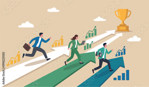 Business competition competitors increase victory performance compare other employees concept, businessman and woman compete running arrow racetrack