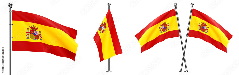 Fototapeta premium Realistic 3D set of the national flag of Spain on metal flagpoles, isolated on transparent background. PNG collection