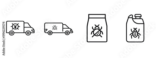 Pest control line icons set insect exterminator truck bug spray chemical industrial pesticide bottle sanitation service van parasite prevention & more with editable stroke.