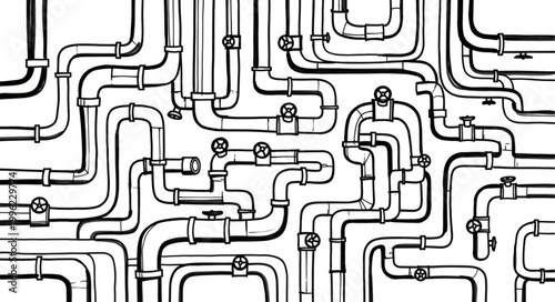 Complex Network of Industrial Pipes and Valves Illustration.