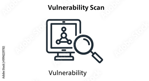 Computer screen displaying vulnerability scan with magnifying glass.
