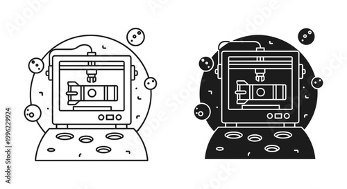 3D printer icon set with rocket manufacturing, outline and solid style, white background, vector Illustration