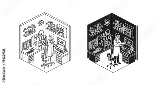 3D printing laboratory icon set with scientist and equipment, white background, vector Illustration