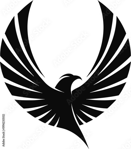 Abstract black phoenix eagle bird silhouette vector with wings spread upwards in circular motion.