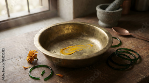 Rustic Still Life with Brass Bowl and Ritual Objects