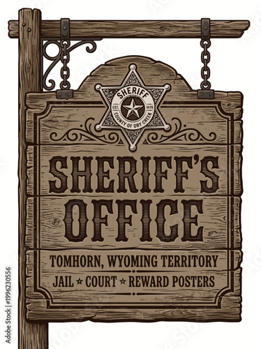 Detailed Old Western Sheriff's Office Signboard Illustration Evoking Frontier Justice and Wild West History