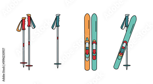 Ski poles Line art vector set simple abstract color pattern
