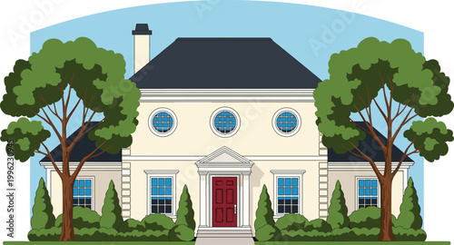 Elegant House Exterior Illustration with Red Door, Circular Windows, and Lush Landscaping