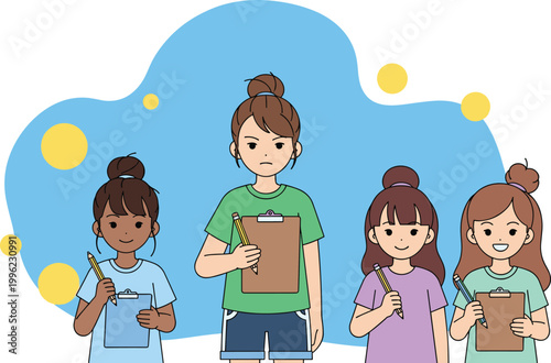 Group of Children Holding Clipboards and Pencils in Various Expressions for School and Education Concepts