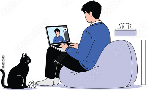 Remote Work and Online Meeting Concept Illustration with Person, Laptop, and Cat in Cozy Home Setting