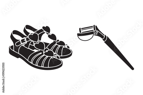 Heart-decorated sandals and dental floss vector illustration decoration