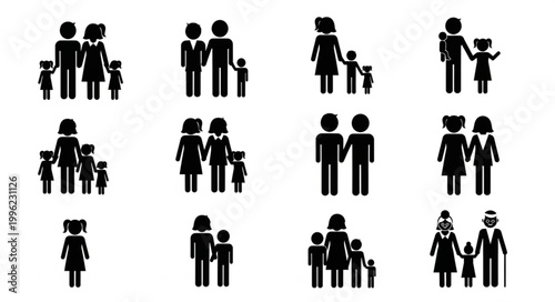 Collection of Diverse Family Silhouettes Representing Different Generations.