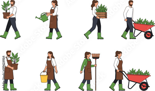 Gardening and Plant Care Concept Illustration with People Watering, Carrying Plants, and Using Tools
