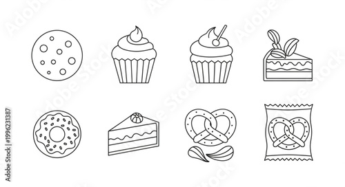 Collection of delicious baked goods and desserts line art icons.