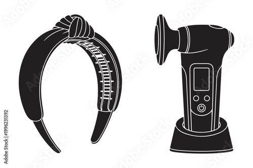 Black silhouette of a knotted headband and an electric facial cleansing brush