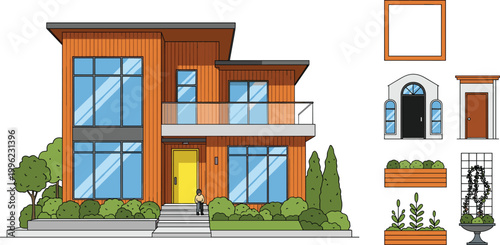 Modern House Design Illustration with Windows, Doors, and Decorative Plant Elements