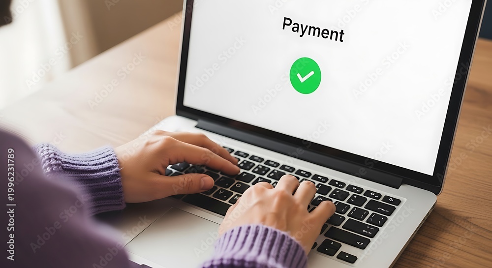 Fototapeta premium Person Typing on Laptop Showing Payment Confirmation with Check Mark