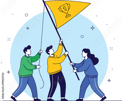 Teamwork and Success Concept Illustration with People Raising a Trophy Flag