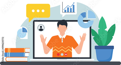 Online Video Conference or Webinar Concept with Laptop, Charts, and Communication Bubbles