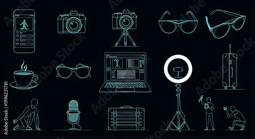 AutoCAD Influencer Creator Toolkit Vector Set – Smartphone Camera Ring Light Mic Presenter Multiview Blueprint Cyan Outline on Black Background