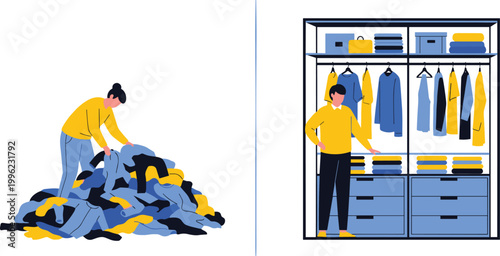 Clothing Organization Concept Illustration with Pile of Clothes and Neatly Arranged Wardrobe