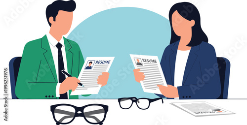 Job Interview or Hiring Concept Illustration with Two People Reviewing Resumes