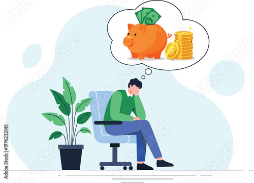 Financial Stress and Money Concerns Illustration with Person Thinking About Savings and Investment
