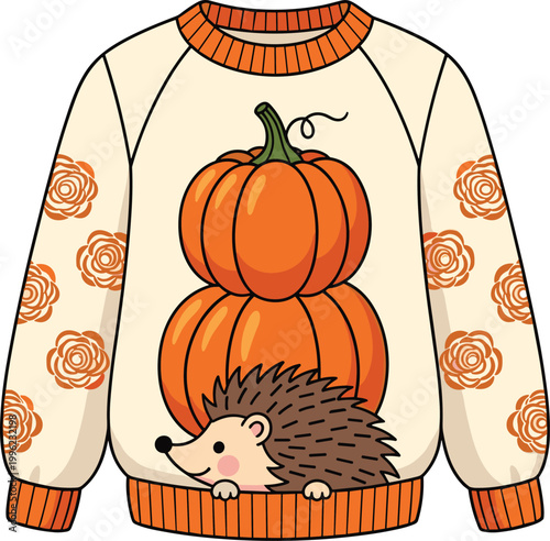 Autumn Sweater Illustration with Hedgehog, Pumpkins, and Floral Design