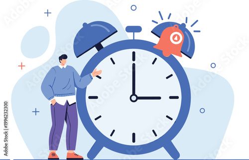 Alarm Clock and Time Management Concept Illustration with Man and Notification Bell