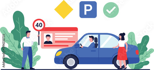 Parking and Traffic Regulations Concept Illustration with Speed Limit, Parking Sign, and Vehicle License