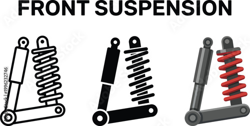 Set of front suspension shock absorber icons vector illustrations in outline solid and color styles for automotive design isolated on white