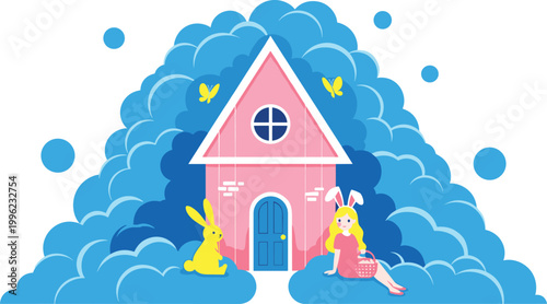 Easter Bunny and House Illustration with Clouds, Butterflies, and Pastel Colors