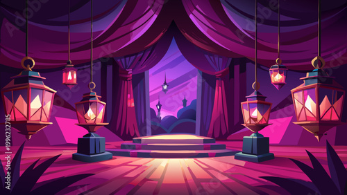 Fantasy stage, purple lanterns, pink curtains, magical background, vector illustration