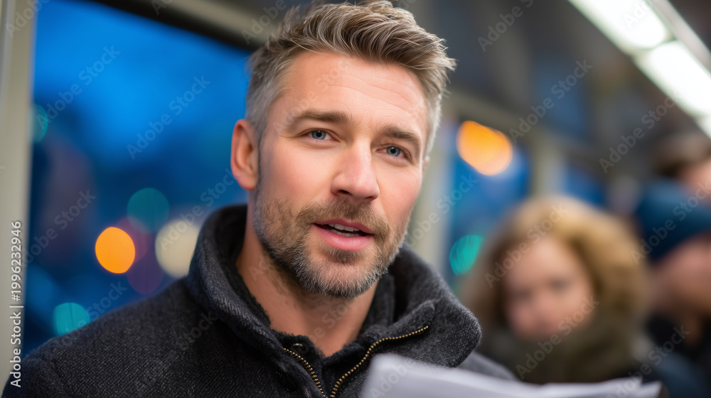 Fototapeta premium Nervous man rehearsing a handwritten proposal speech alone in a crowded subway car at twilight blue hour, lips moving silently, ring box visible in jacket pocket, commuters blurred