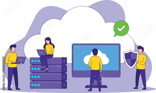 Cloud Computing and Data Security Concept Illustration with People, Servers, and Protection Icons