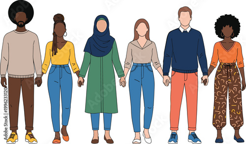 Diverse Group of People Holding Hands in Casual Clothing Illustration