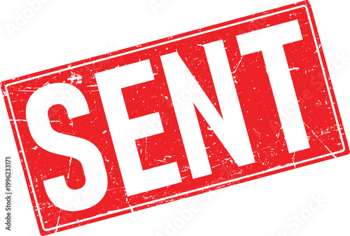 Distressed red rubber stamp impression with the word SENT in bold white capital letters