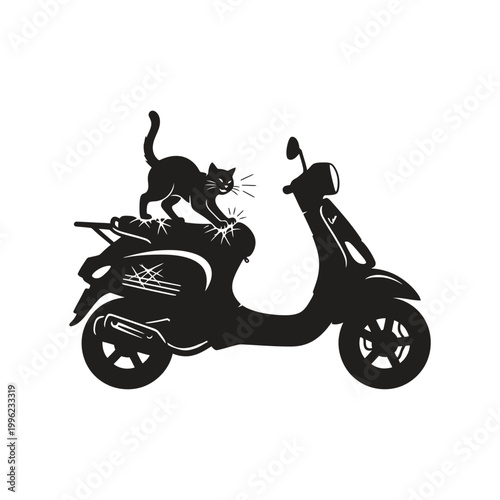 Vector silhouette illustration of a naughty cat scratching a motorbike seat