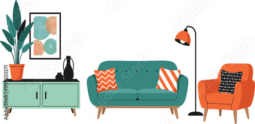 Modern living room interior with sofa, armchair, cabinet, plant and lamp in cozy flat cartoon vector illustration style
