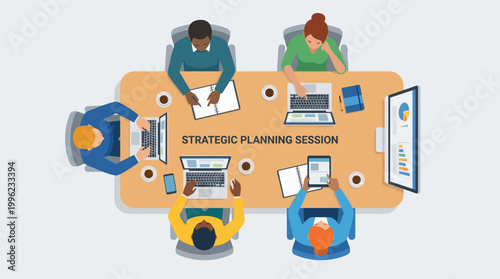 A diverse team engaging in a strategic planning session around a table, utilizing laptops and tablets to share ideas, showcasing collaboration and teamwork in a professional setting.