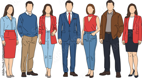 Business Professionals Group Illustration with Men and Women in Formal and Casual Attire