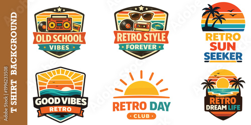Retro wave graphic with vintage sun and palm trees t shirt design element.