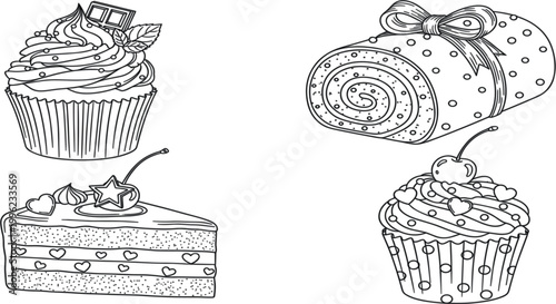 Hand drawn cupcake and cake set with dessert pastries in detailed outline sketch style vector illustration collection