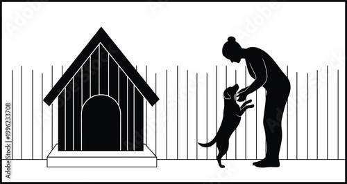 Silhouette Illustration of Person Playing with Dog by Doghouse for Pet, Animal, and Family Lifestyle Designs