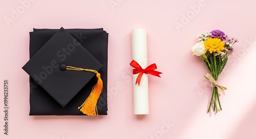 Graduation cap diploma and flowers.