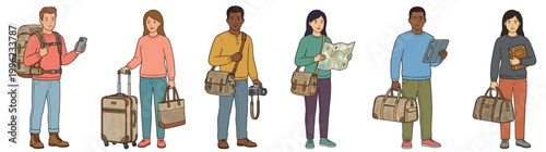 Flat Vector Character Set and Travel Bundle : A Large Collection of Diverse Tourists, Backpackers, and Travelers with Suitcases, Maps, and Luggage Isolated on White Background