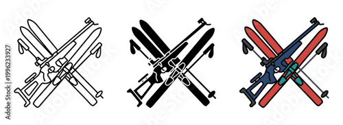 Bild auf Leinwand Biathlon icon set with crossed skis poles and rifle in outline, solid and color