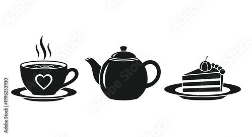 Black silhouettes of tea coffee and cake for a cozy scene