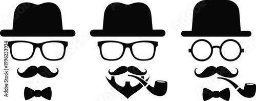 Vintage Gentleman Silhouette Collection Featuring Mustache, Glasses, and Bowler Hat for Retro and Fashion Designs