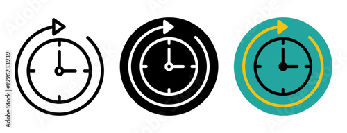Time management icon set with clock and circular arrow in outline, solid and color styles, white background